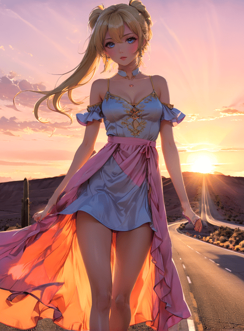 anime girl, desert, road