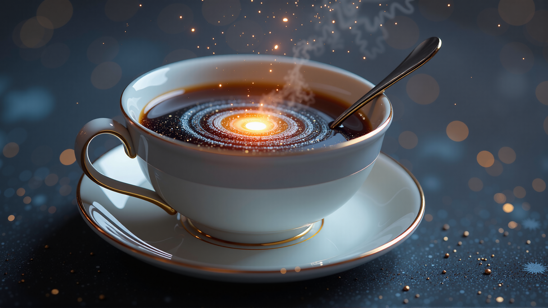 AI generated wallpaper featuring cup, coffee, spoon, galaxy, star, steam, bowl, saucer, sparkles, particles