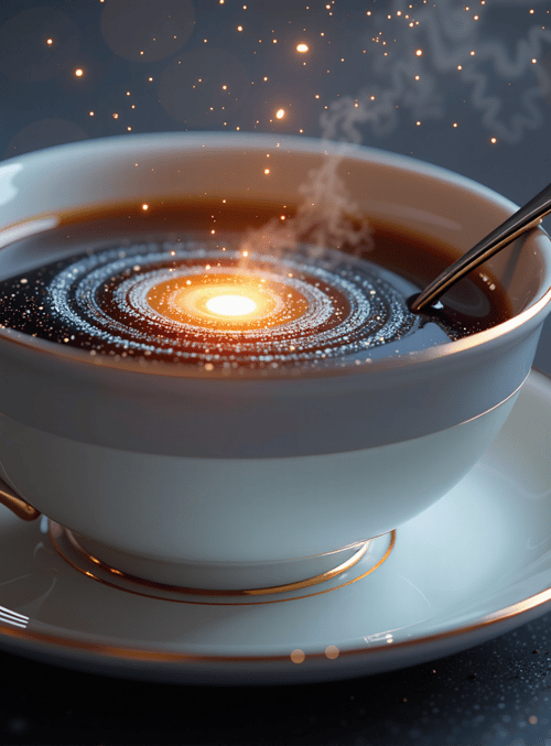 cup, coffee, spoon, galaxy, star, steam, bowl, saucer, sparkles, particles