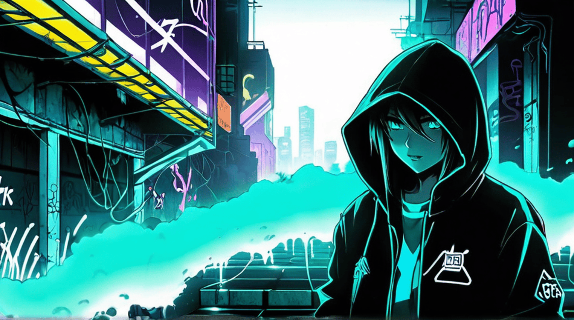 AI generated wallpaper featuring person, city, neon