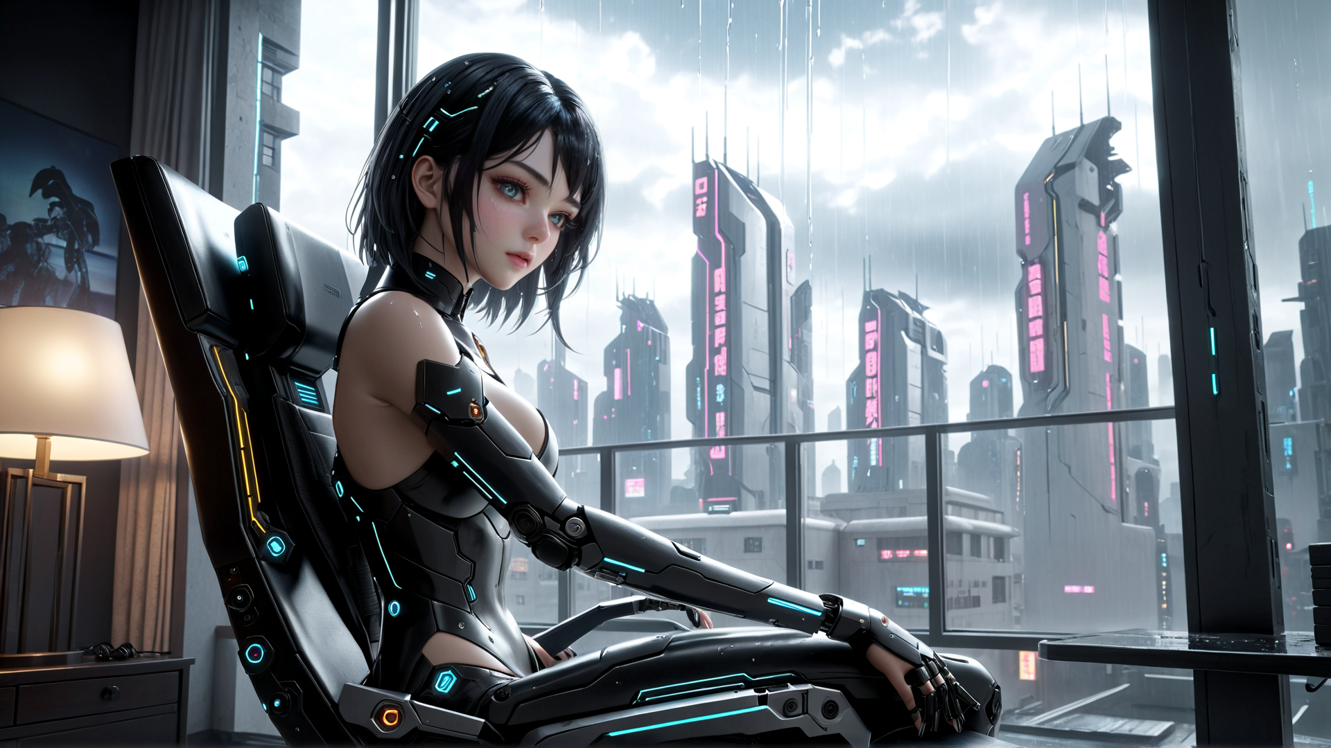 AI generated wallpaper featuring cyborg, woman, chair