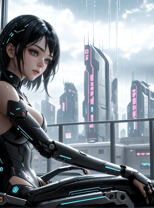 cyborg, woman, chair