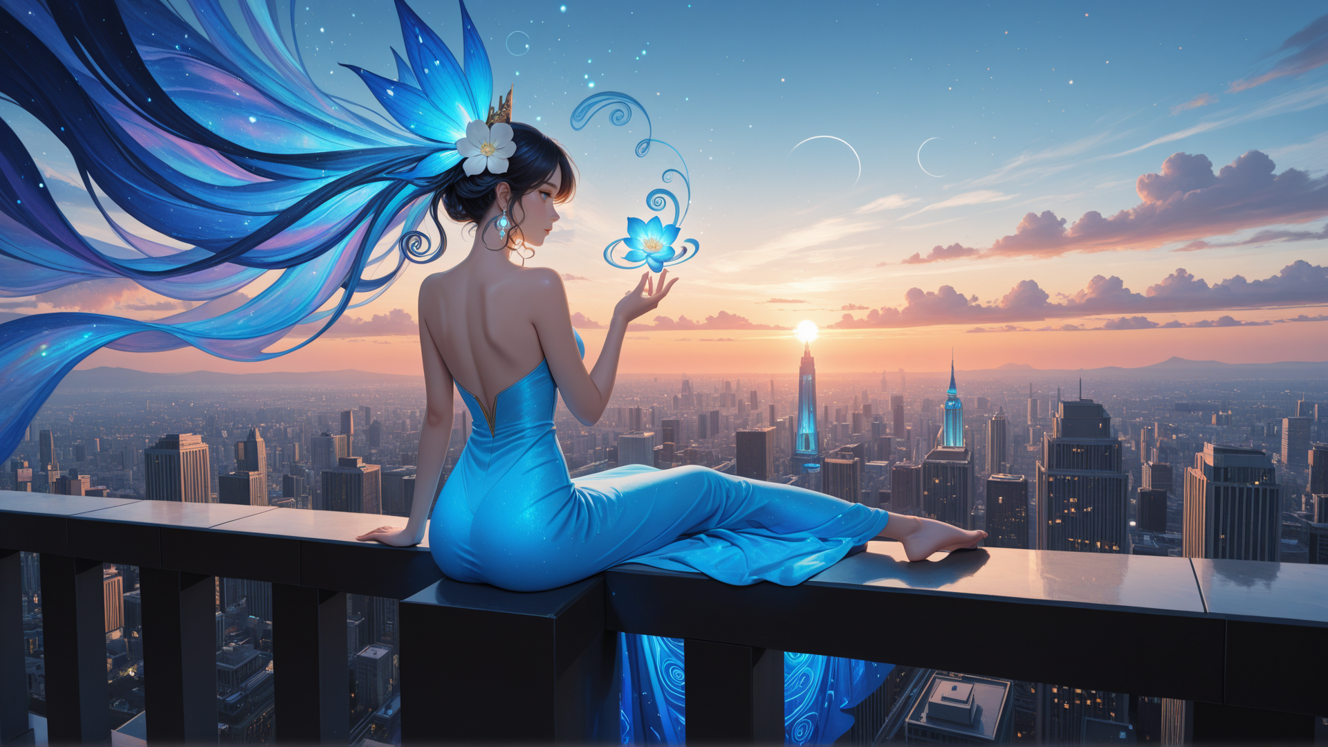AI generated wallpaper featuring woman, city, sunrise, flower, sunset, skyscraper