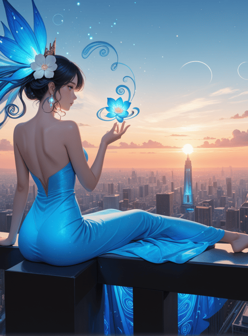 woman, city, sunrise, flower, sunset, skyscraper