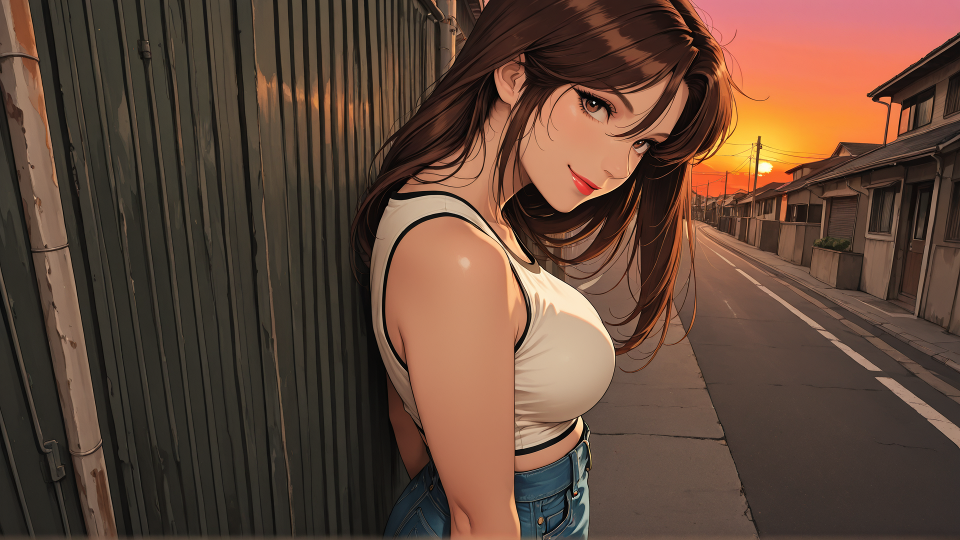 AI generated wallpaper featuring woman, street, sunset, building