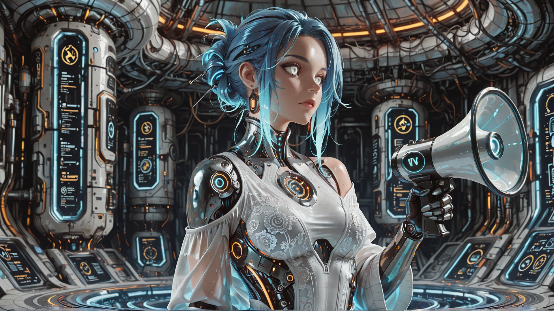 AI generated wallpaper featuring cyborg, woman, megaphone, robotic arm, future, gears, hologram, control panel, blue hair, technology