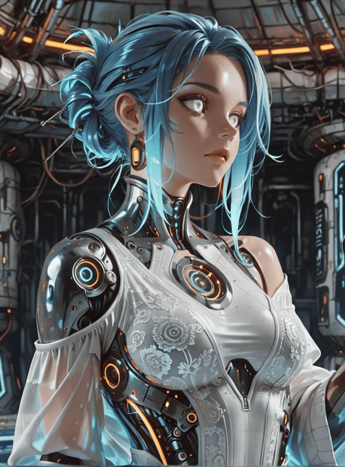 cyborg, woman, megaphone, robotic arm, future, gears, hologram, control panel, blue hair, technology