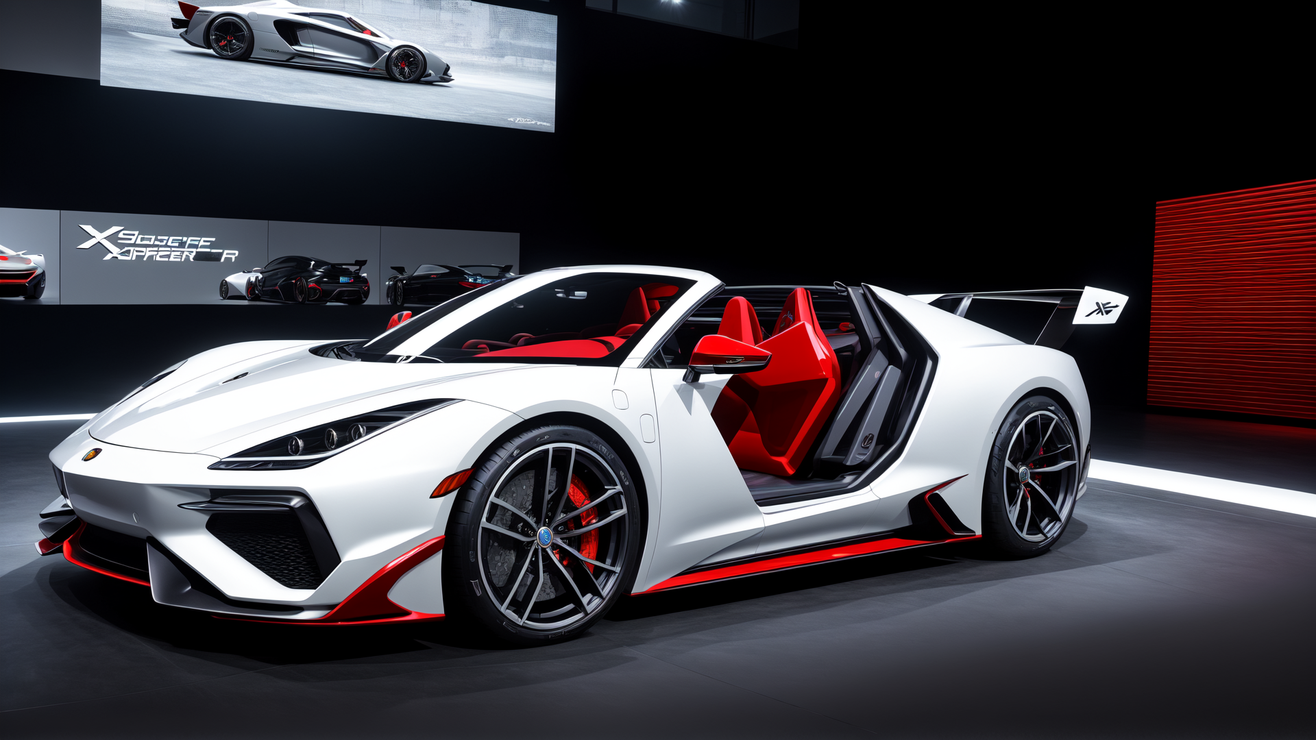 AI generated wallpaper featuring supercar, hypercar, lamborghini, concept car, door, interior, wheels, spoiler, exhaust, display