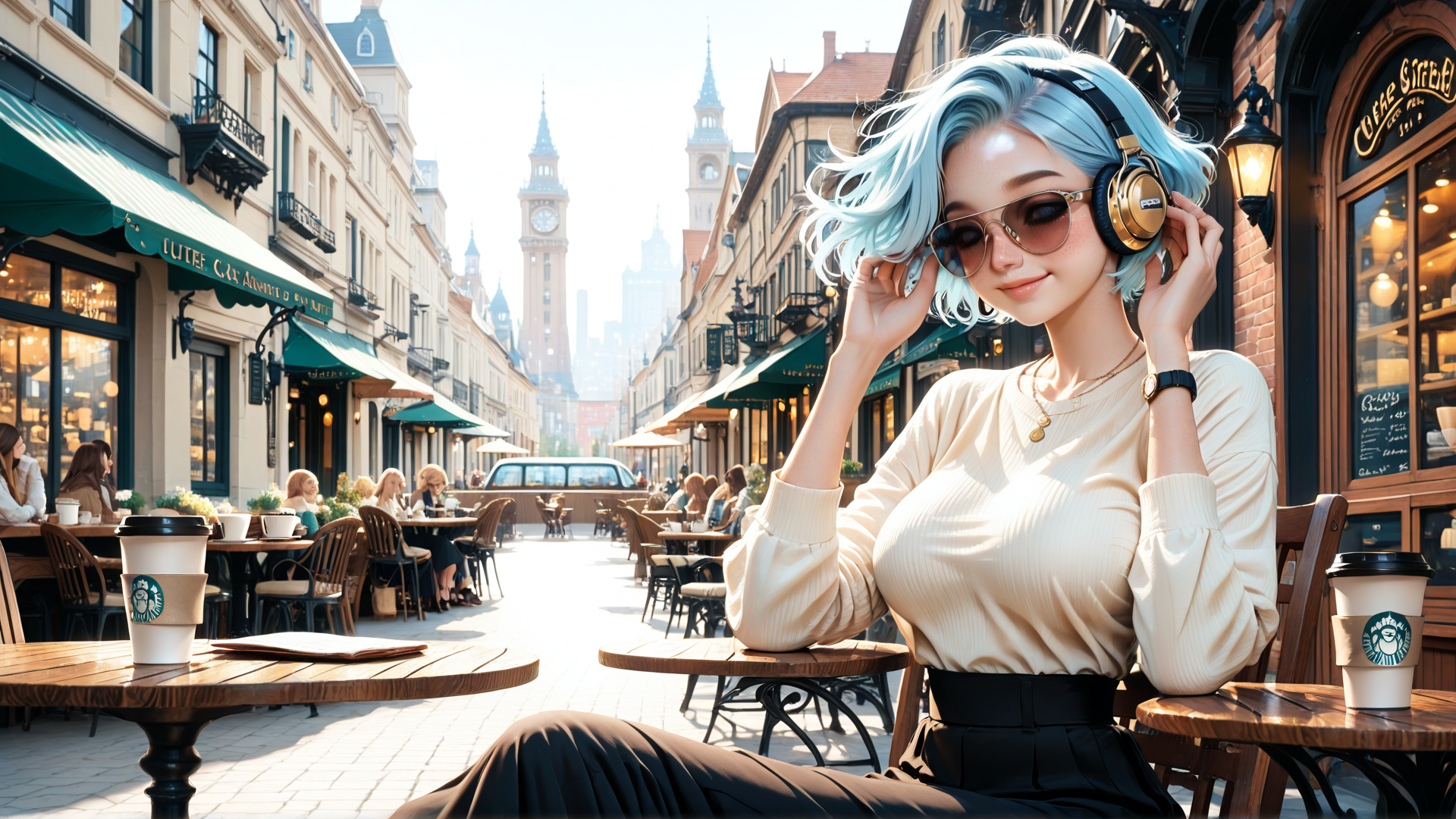 AI generated wallpaper featuring woman, coffee, street, headphones, sunglasses, cafe, city, clock tower, table, cup