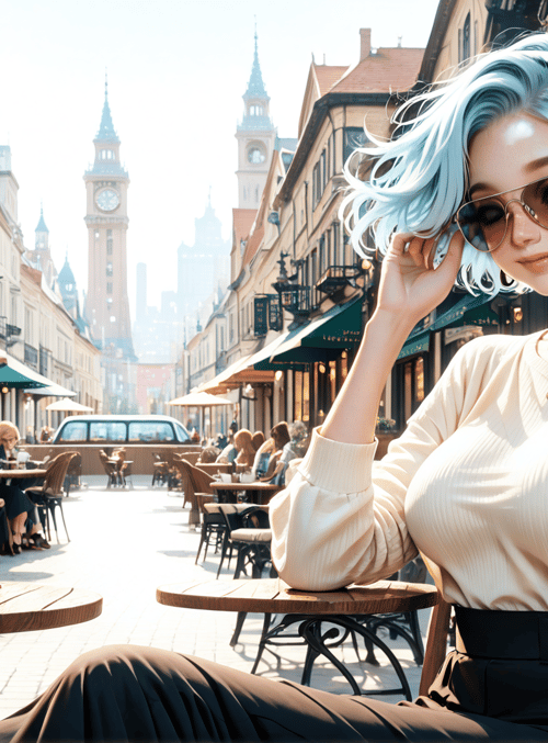 woman, coffee, street, headphones, sunglasses, cafe, city, clock tower, table, cup