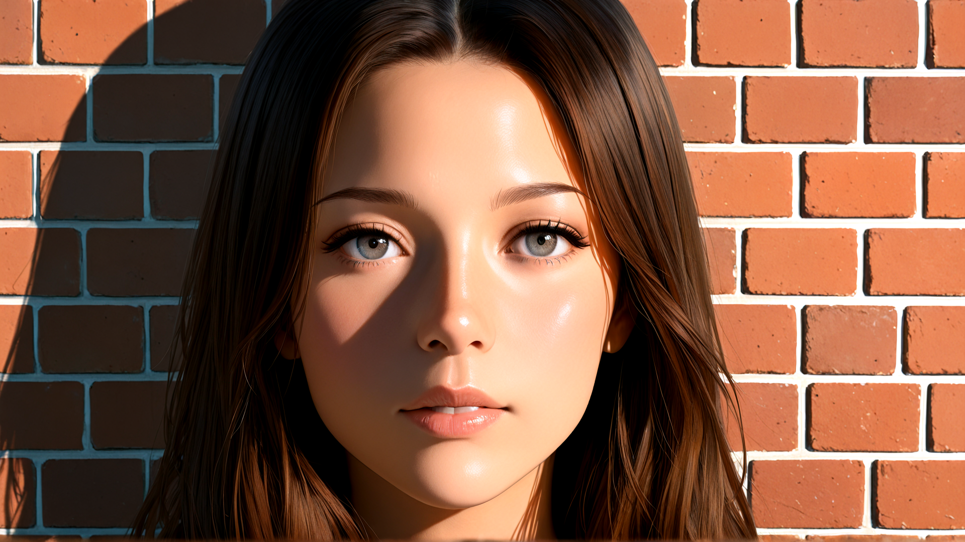 AI generated wallpaper featuring woman, hair, face, brick wall