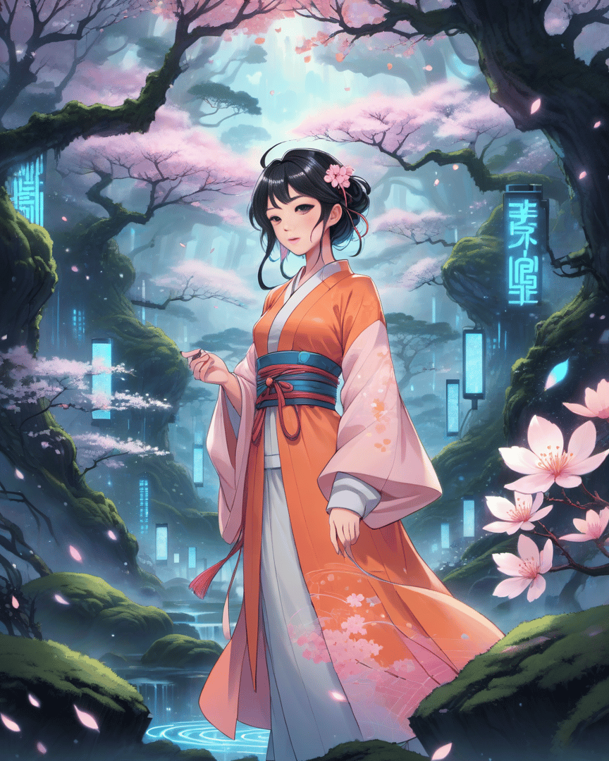 AI generated wallpaper featuring woman, cherry blossoms, ancient tree