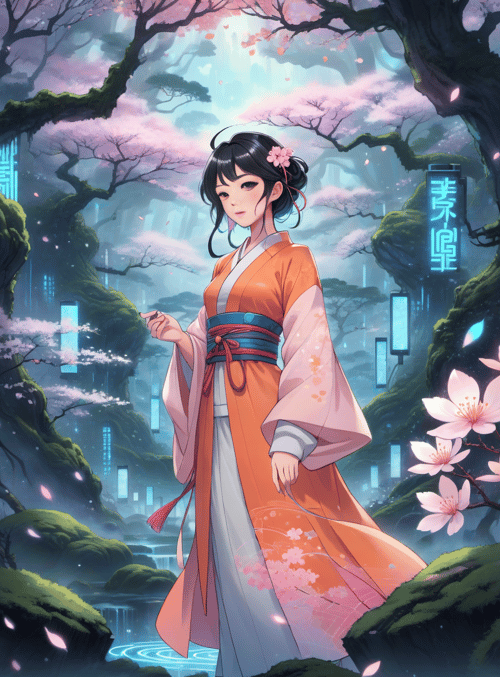 woman, cherry blossoms, ancient tree