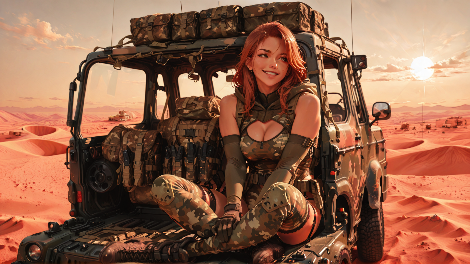 AI generated wallpaper featuring woman, military vehicle, desert, camouflage, bags