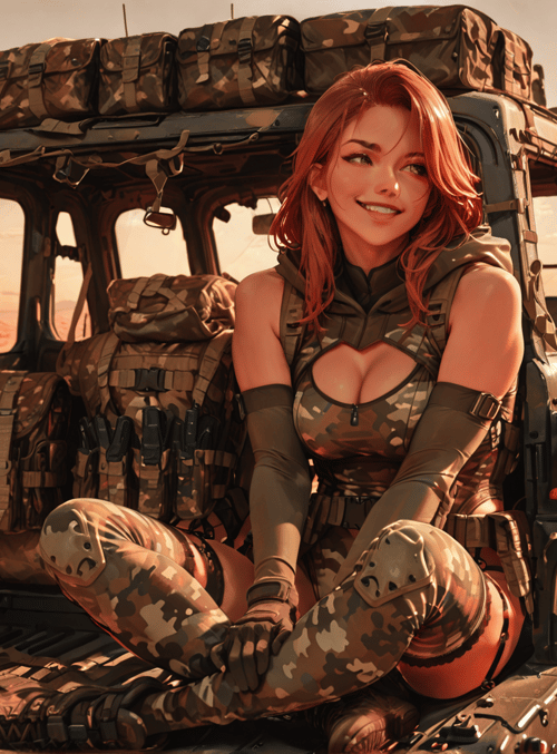 woman, military vehicle, desert, camouflage, bags