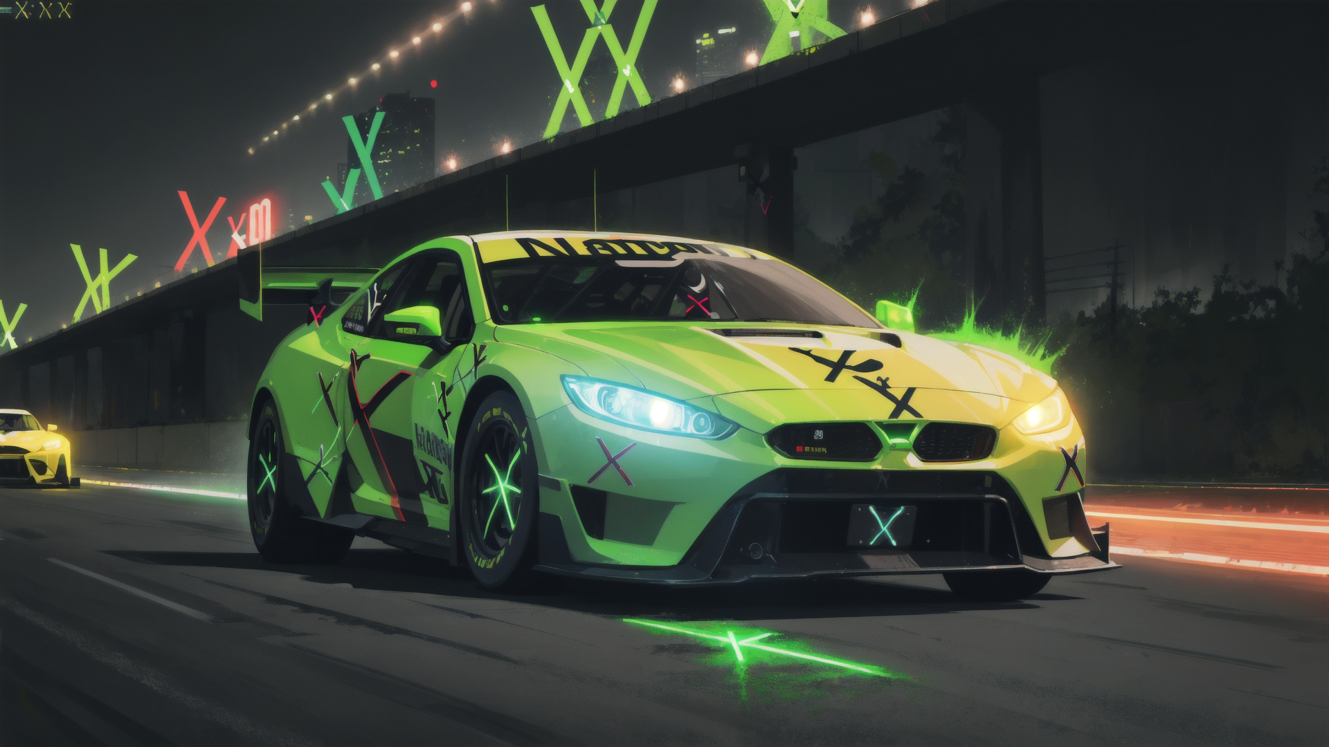 AI generated wallpaper featuring car, race car, street, neon, urban, speed, track, light, graphic, x