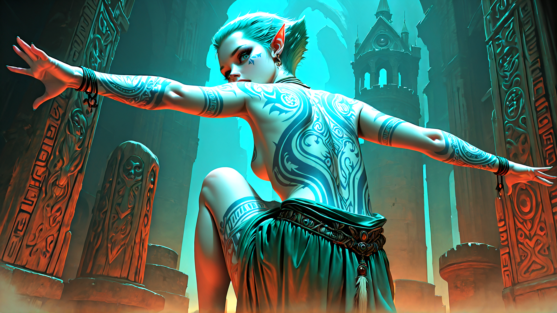 AI generated wallpaper featuring elf, tattooed, ancient, ruins, woman