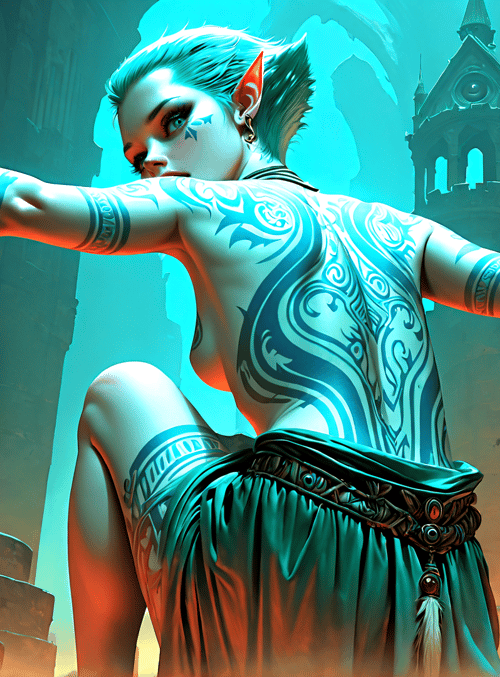 elf, tattooed, ancient, ruins, woman