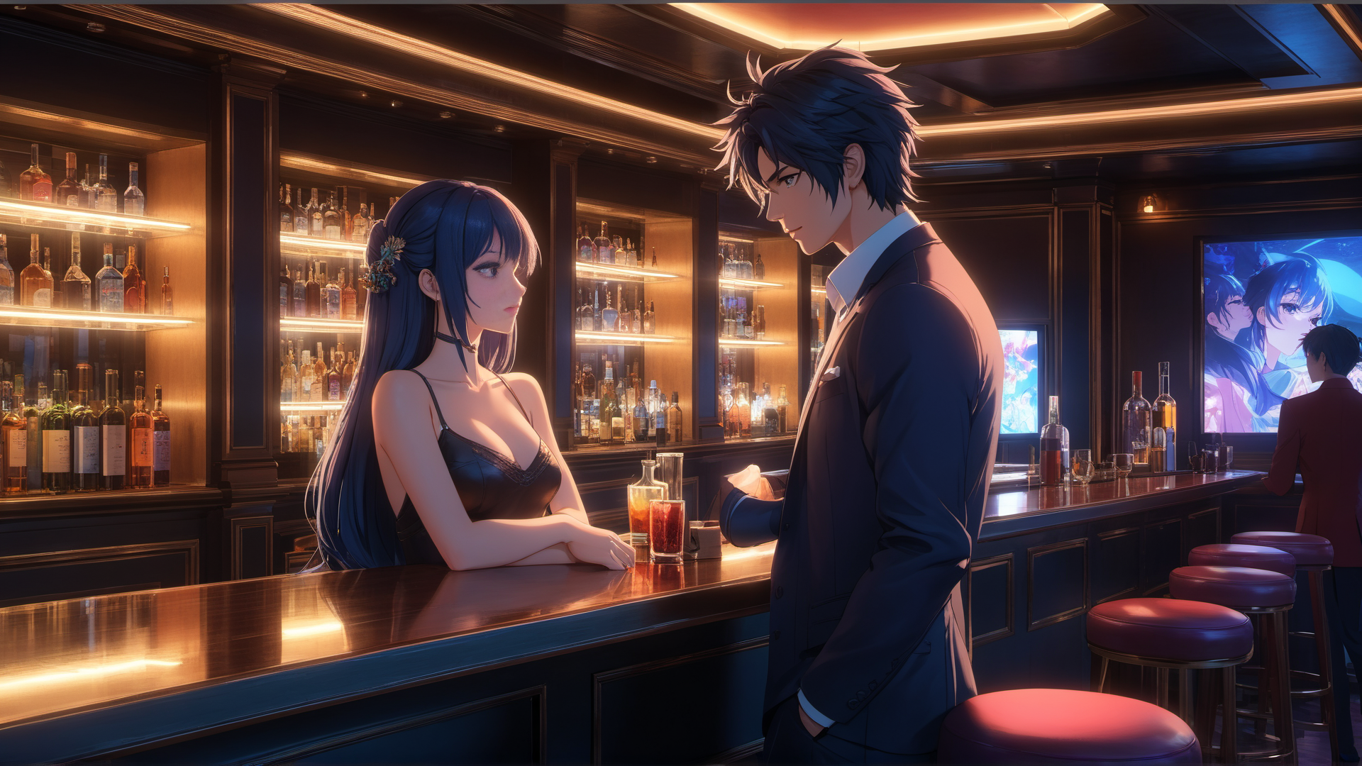 AI generated wallpaper featuring woman, man, bar