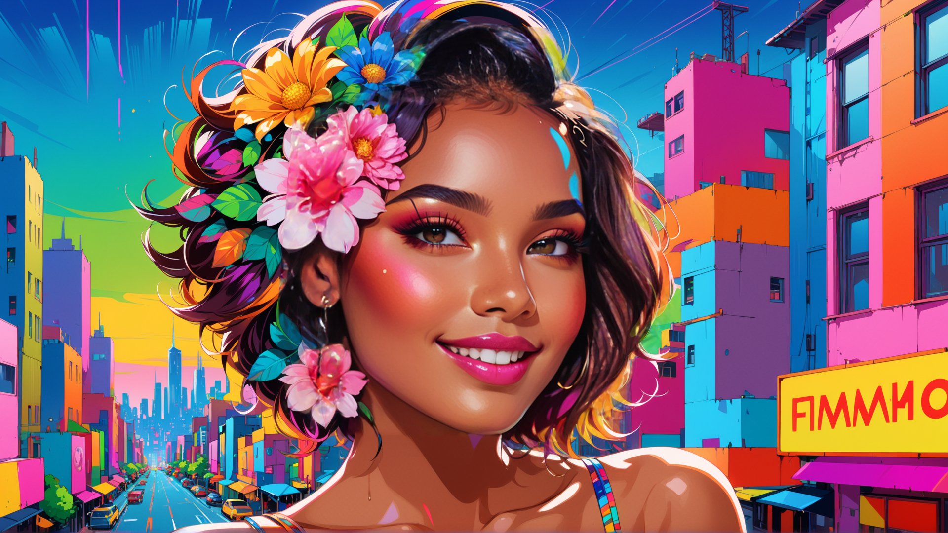 AI generated wallpaper featuring woman, cityscape, flowers