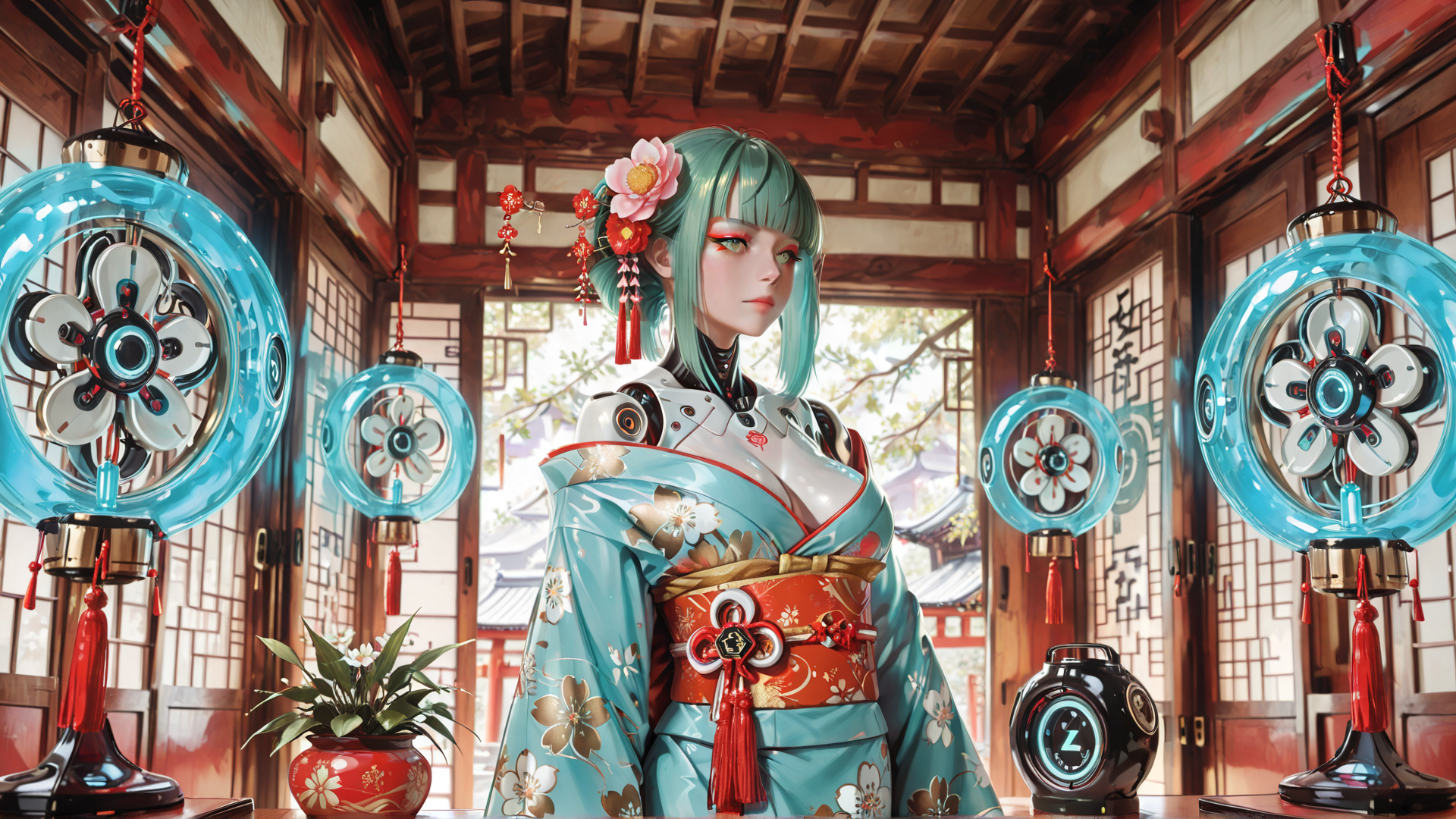 AI generated wallpaper featuring girl, kimono, fan, lantern, flower, clock, plant, building, accessories, headpiece