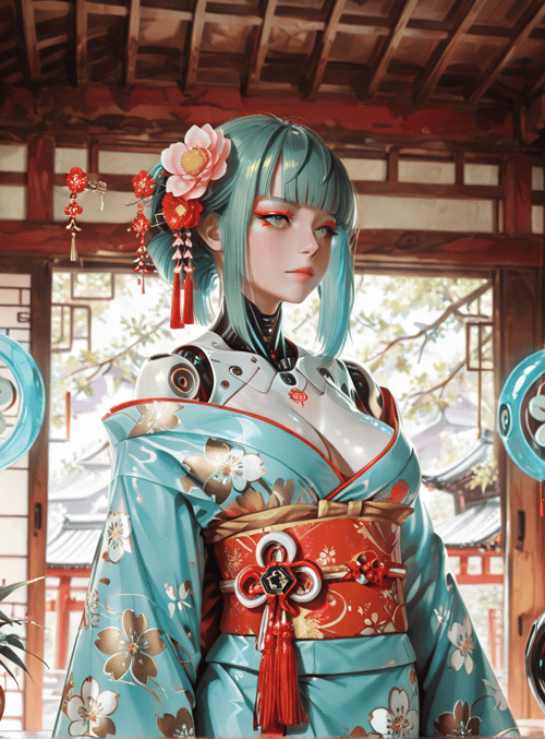 girl, kimono, fan, lantern, flower, clock, plant, building, accessories, headpiece
