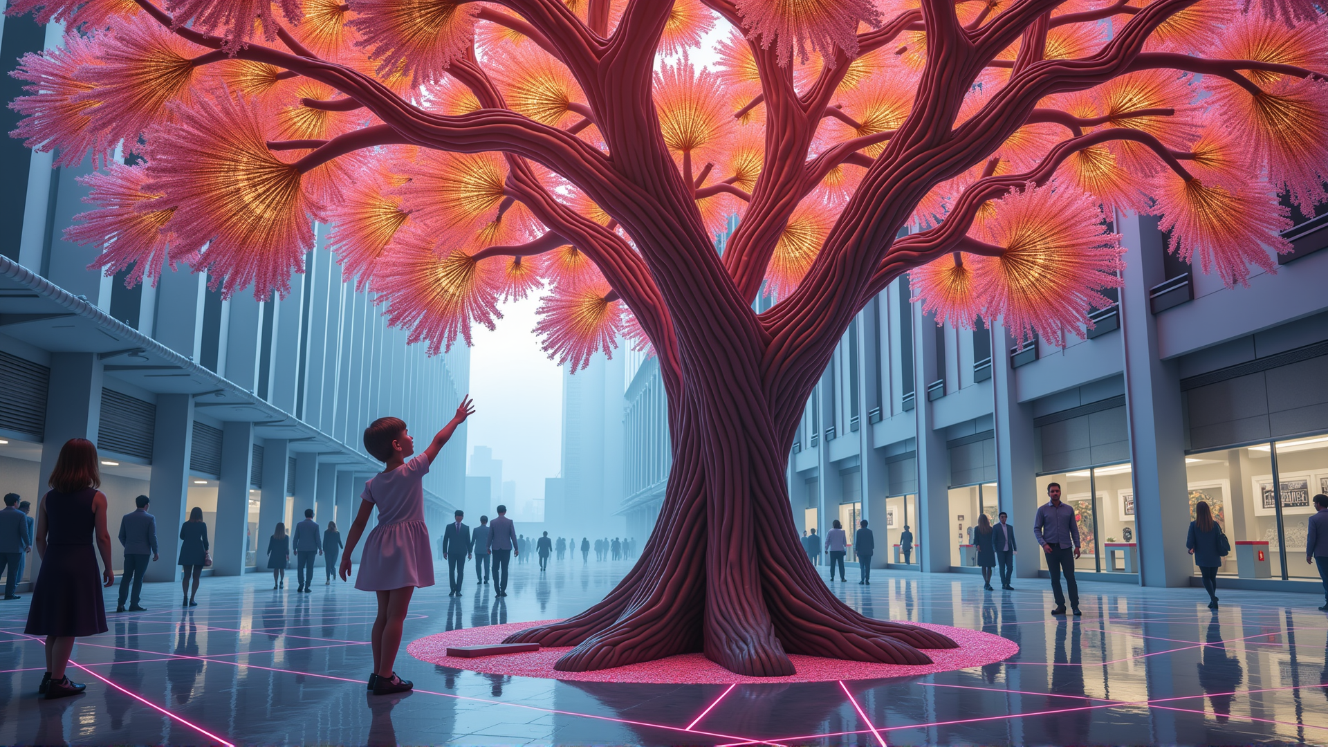 AI generated wallpaper featuring tree, child, people, city, building