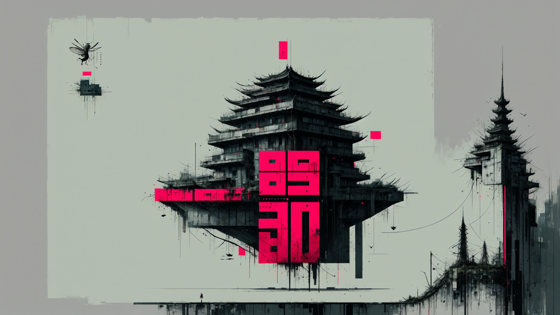 AI generated wallpaper featuring tower, building, structure, cityscape, architecture, text, insect, flag, sign, flying