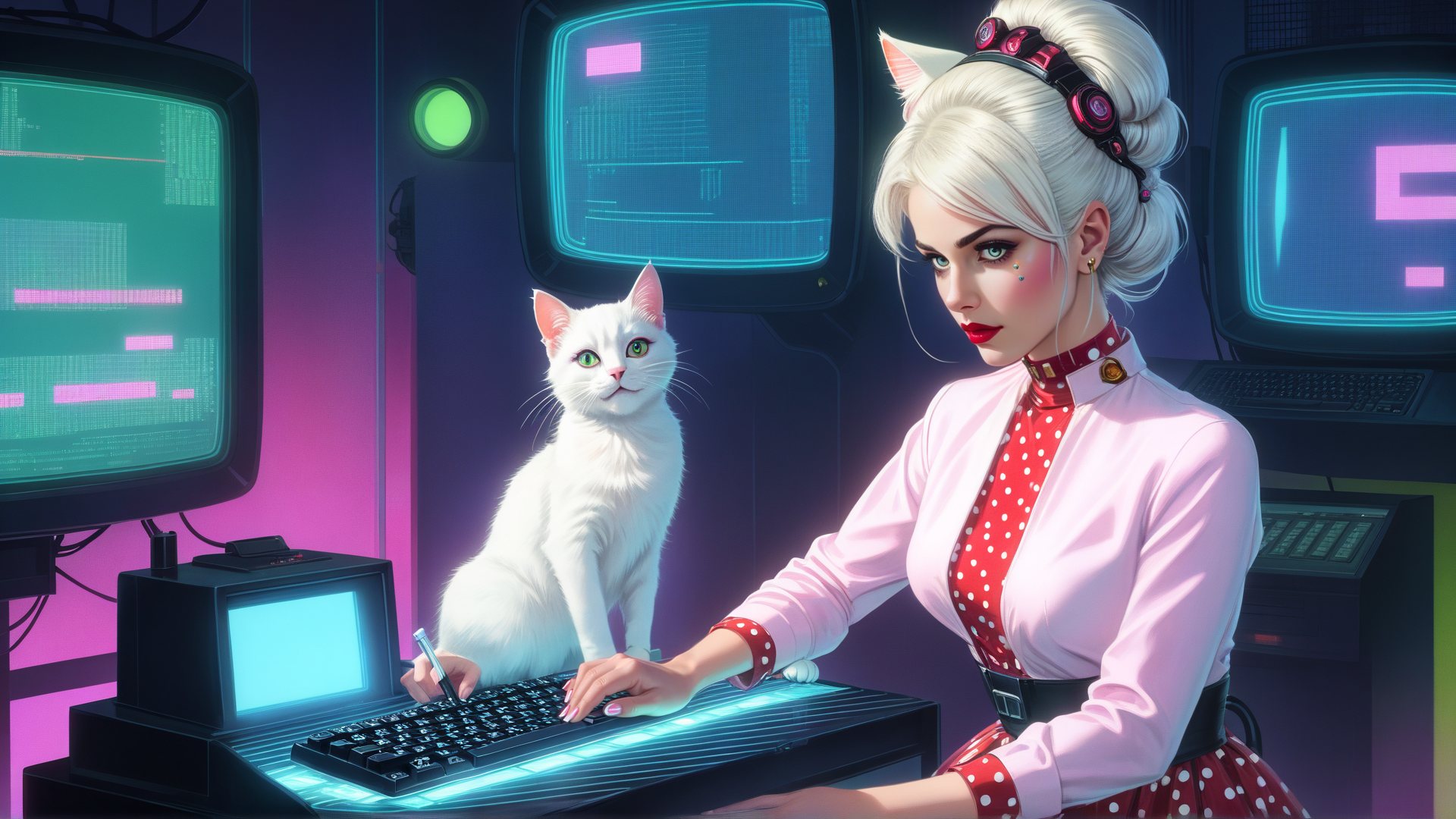 AI generated wallpaper featuring woman, cat, computer