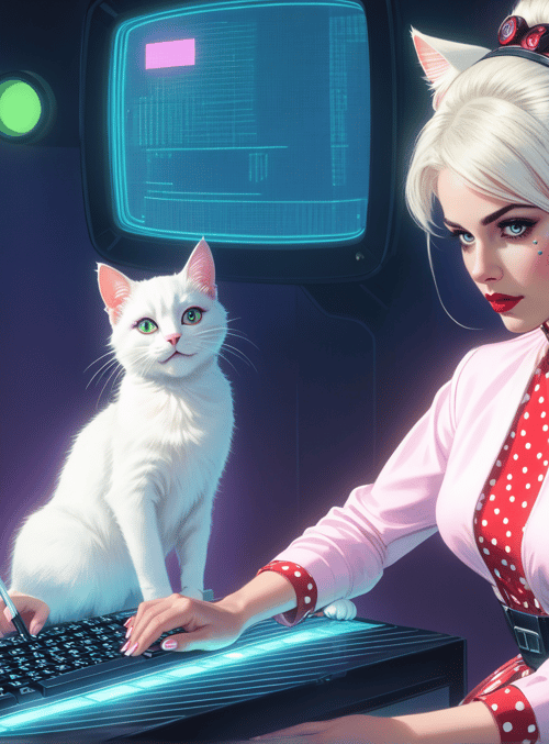 woman, cat, computer