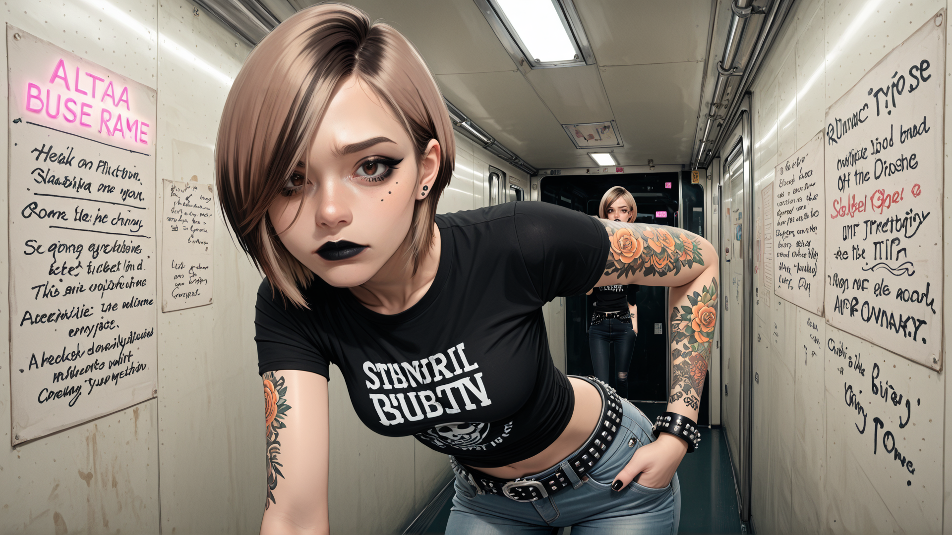 AI generated wallpaper featuring woman, tattoo, bus, train, poster, gloves, belt, jeans, shirt, skull