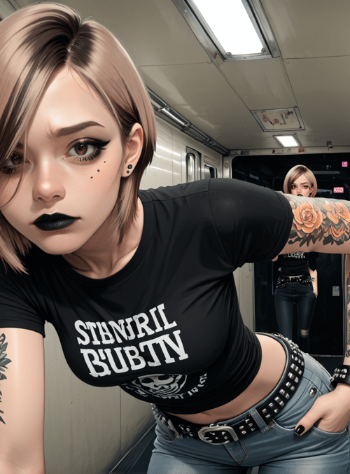 woman, tattoo, bus, train, poster, gloves, belt, jeans, shirt, skull