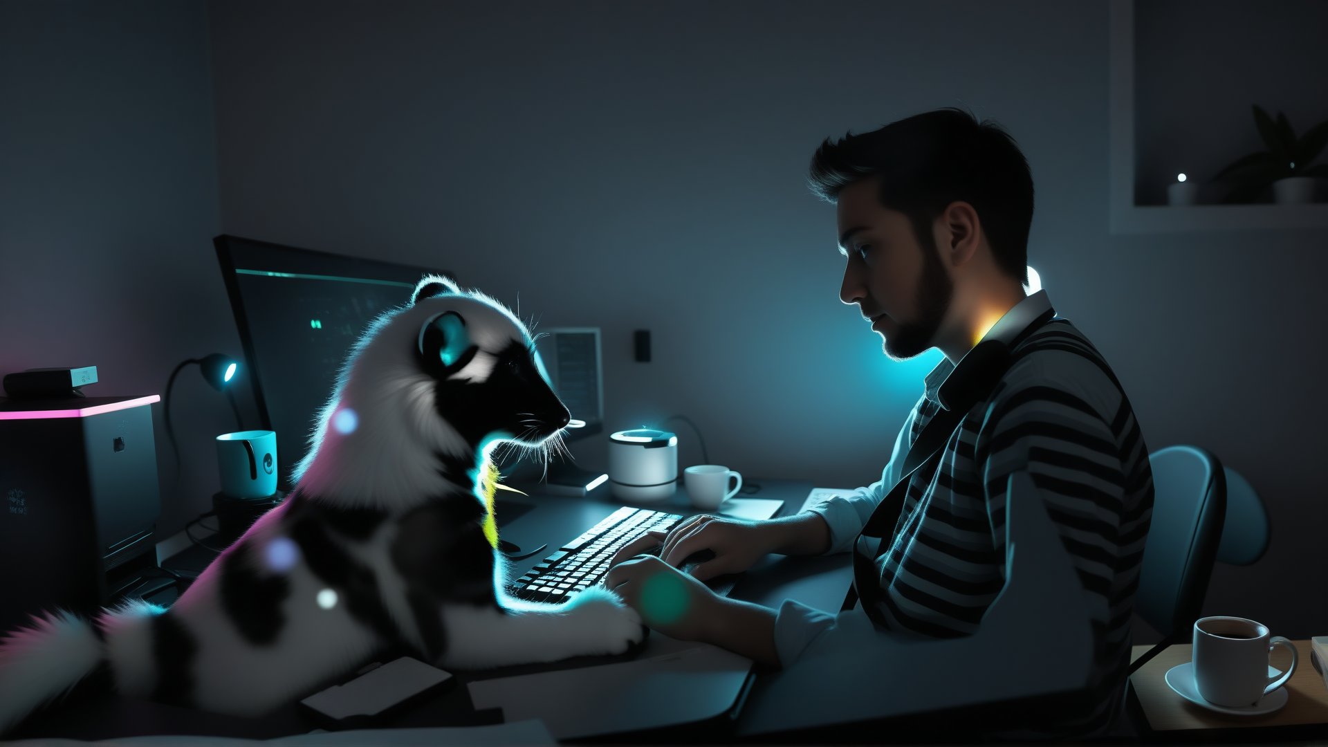 AI generated wallpaper featuring man, cat, computer, keyboard, monitor, cup, desk