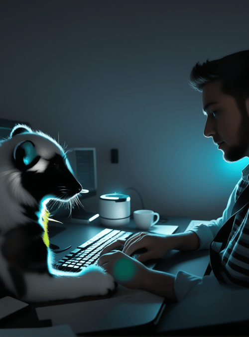 man, cat, computer, keyboard, monitor, cup, desk