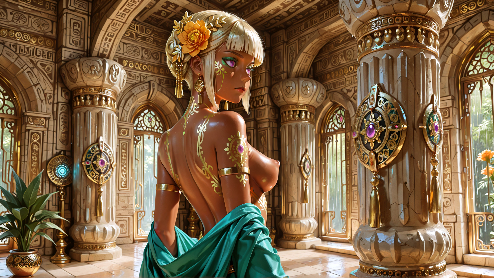 AI generated wallpaper featuring woman, columns, ornate, decor, flowers, jewelry, arch, stone, gilded, vase