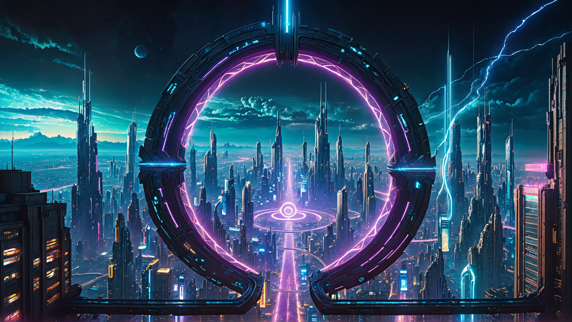 AI generated wallpaper featuring city, portal, skyscrapers