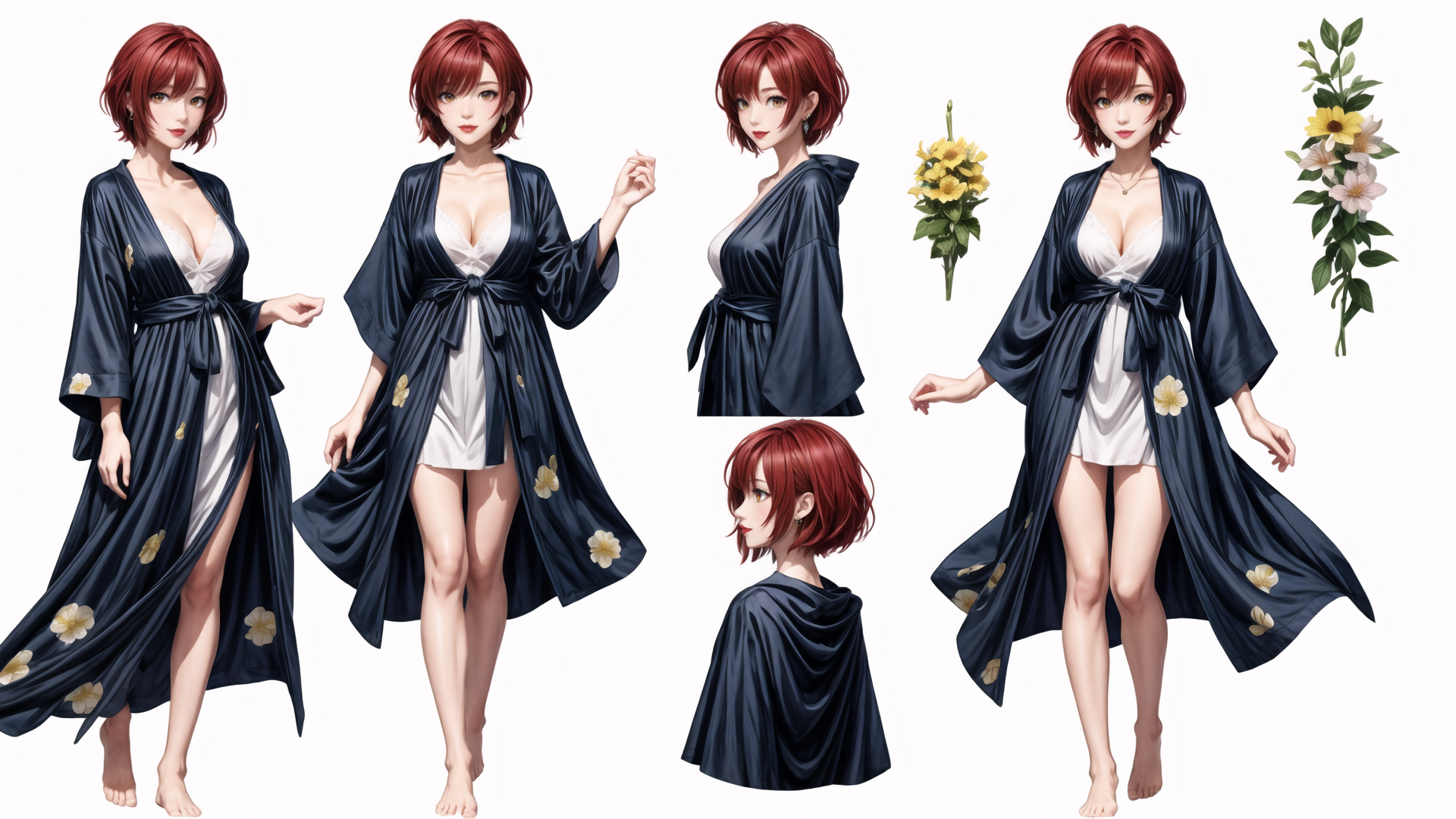 AI generated wallpaper featuring woman, bathrobe, flowers, short hair