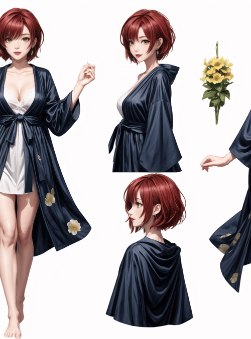 woman, bathrobe, flowers, short hair