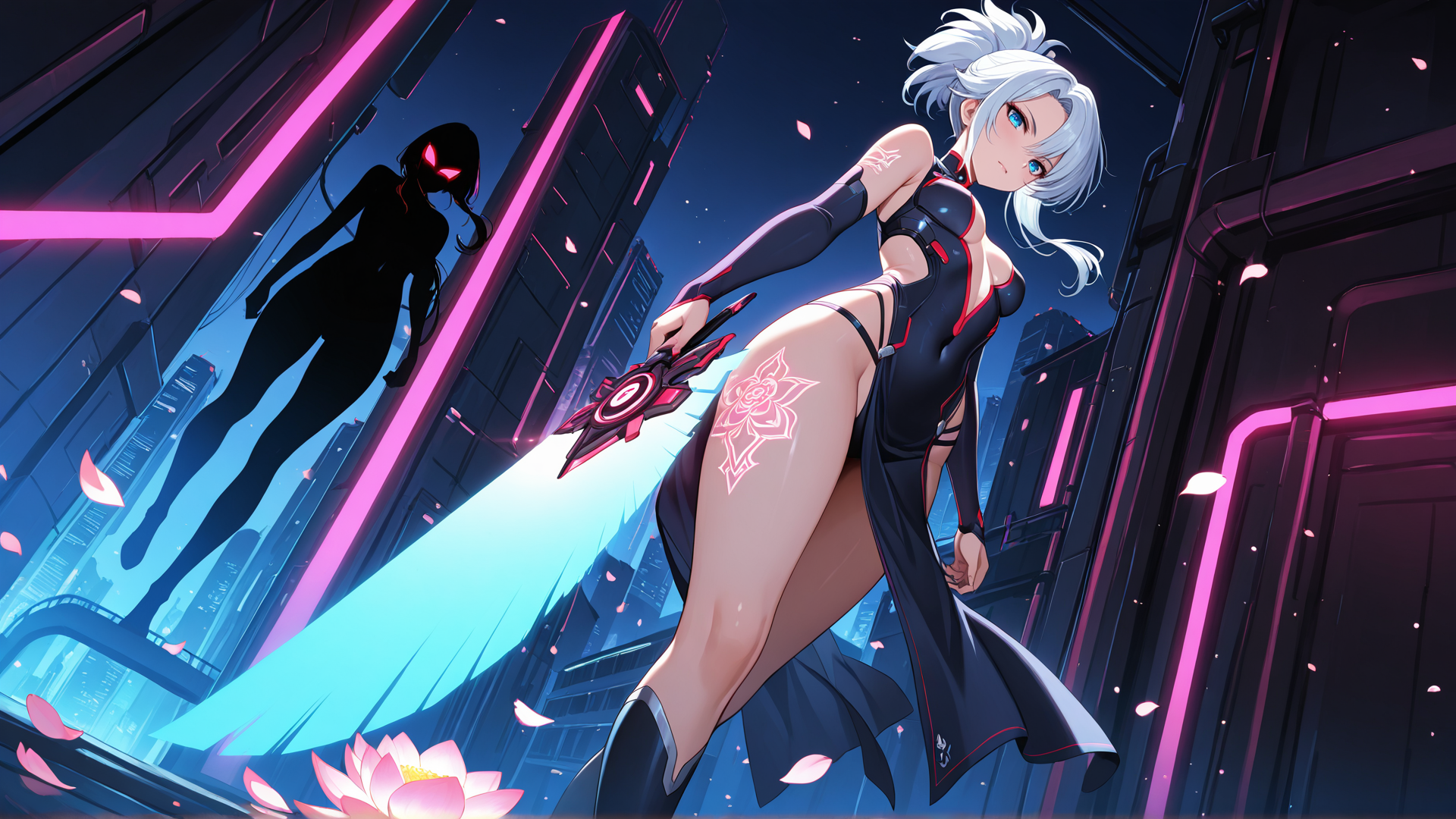 AI generated wallpaper featuring cyberpunk girl, silhouette, lotus