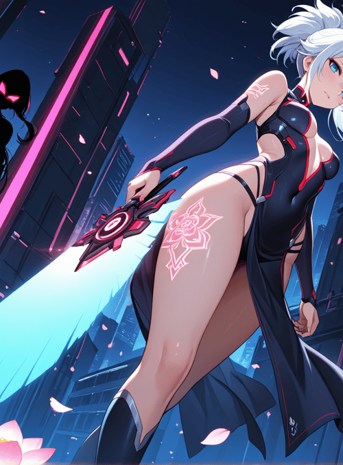 cyberpunk girl, silhouette, lotus