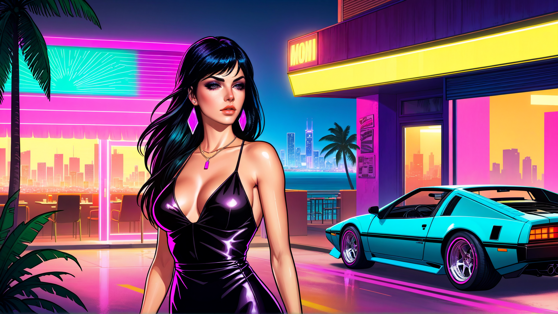 AI generated wallpaper featuring woman, car, neon, palm tree, city