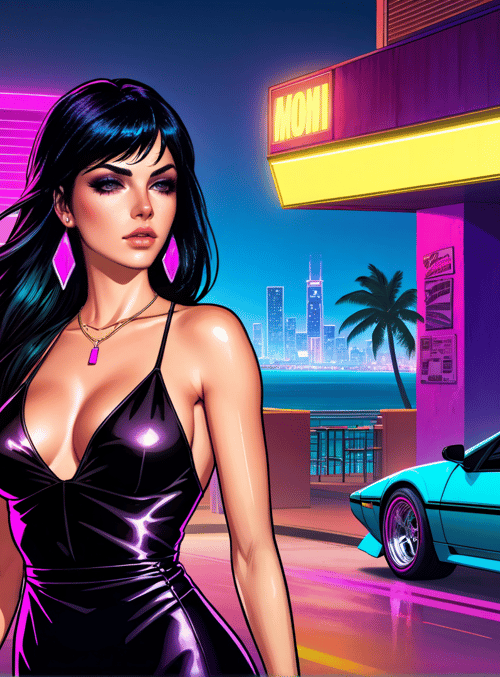 woman, car, neon, palm tree, city