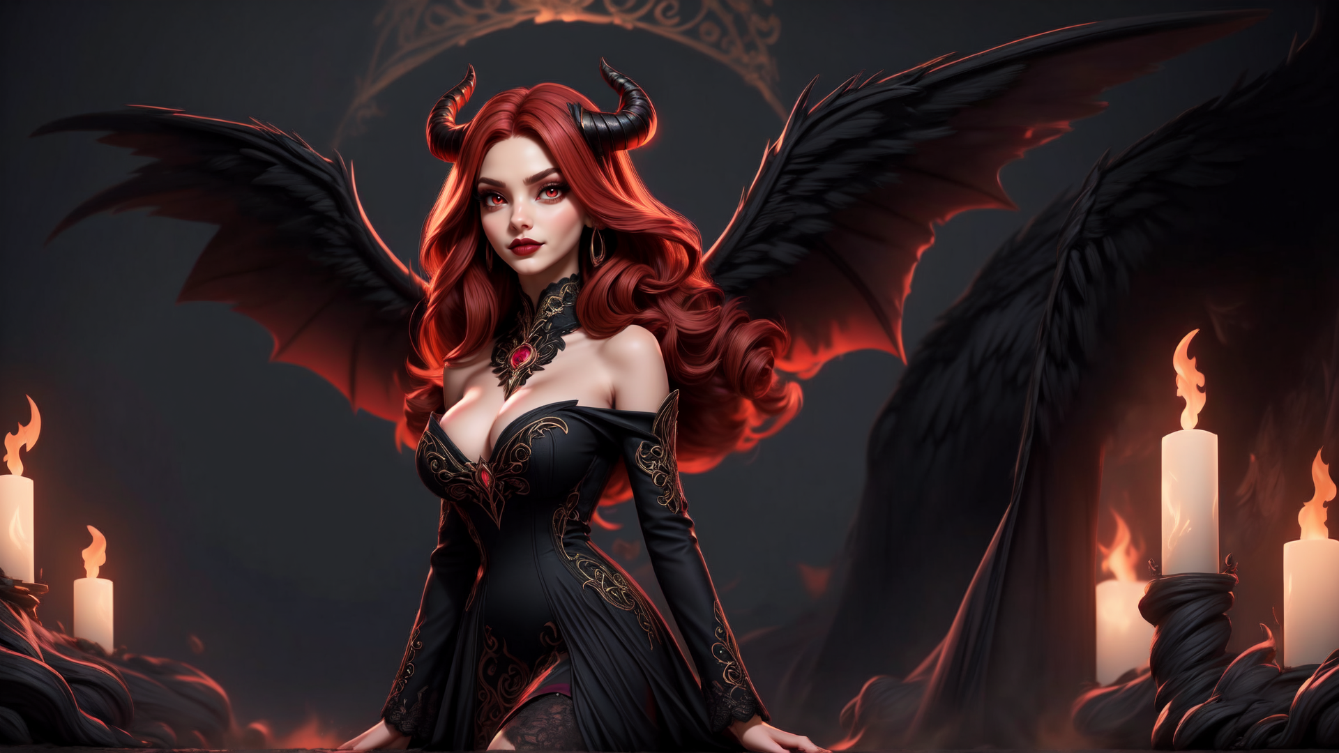 AI generated wallpaper featuring devil, woman, wings, candles, horn