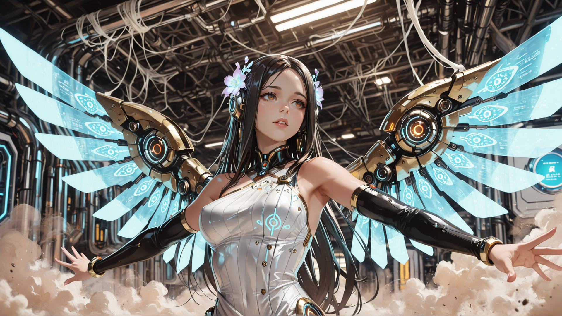 AI generated wallpaper featuring cyborg, angel wings, futuristic, woman, robot, mechanical, glowing, headphones, flowers, clouds