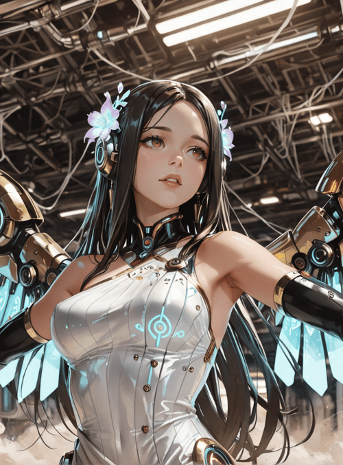 cyborg, angel wings, futuristic, woman, robot, mechanical, glowing, headphones, flowers, clouds