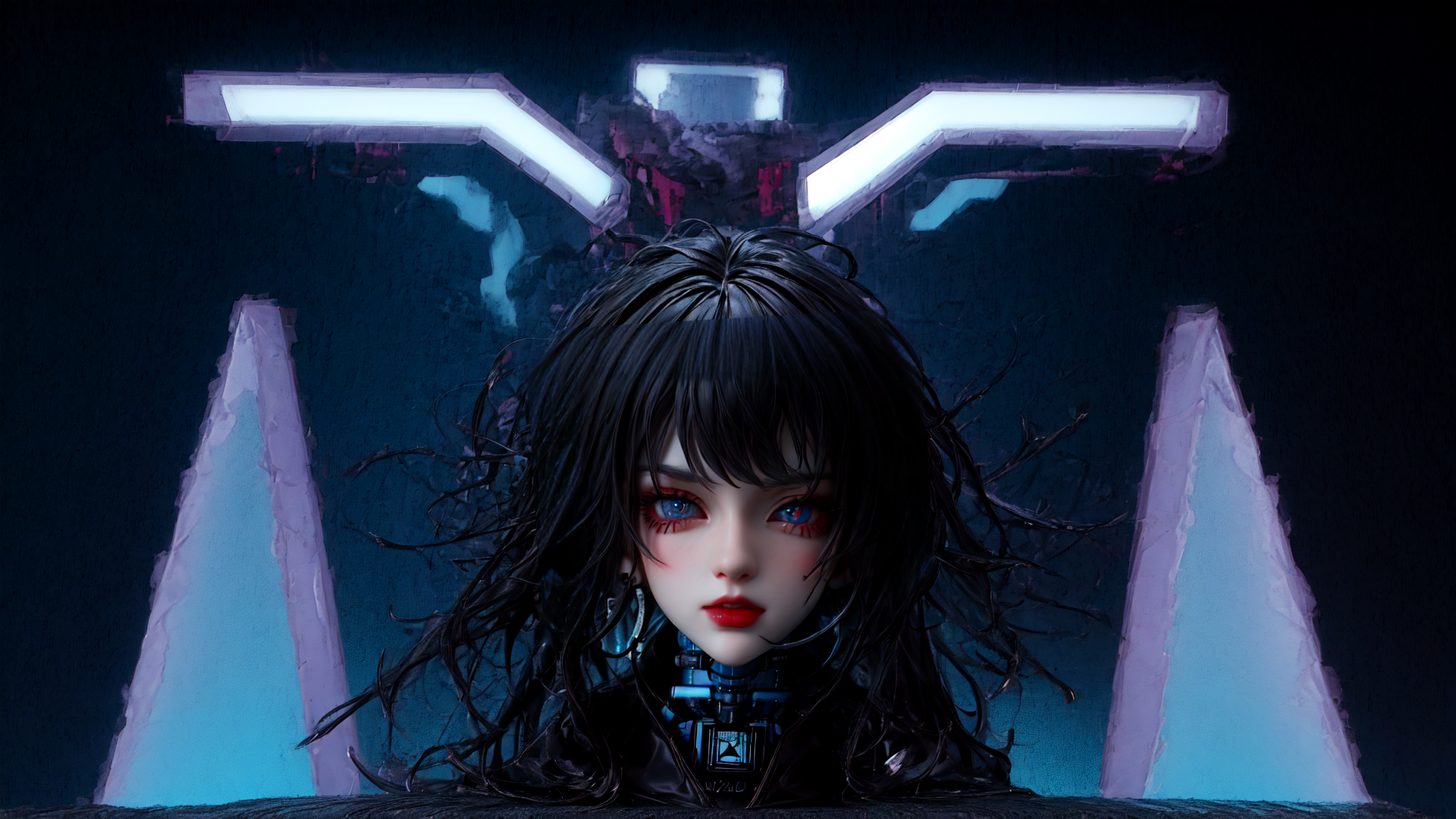 AI generated wallpaper featuring cyborg, girl, neon