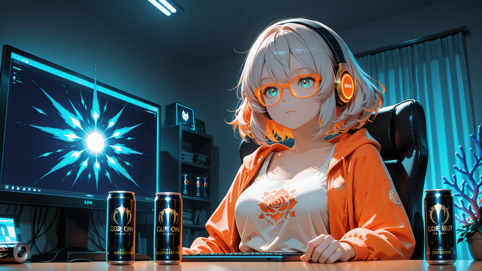 AI generated wallpaper featuring anime girl, gaming headset, computer monitor, energy drink, office chair, keyboard