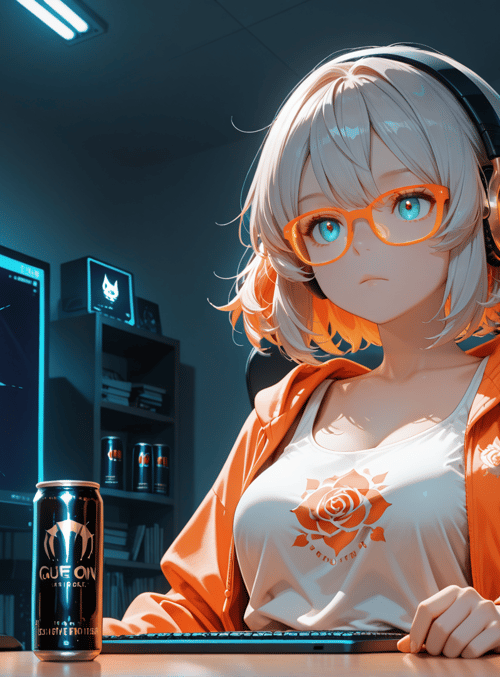 anime girl, gaming headset, computer monitor, energy drink, office chair, keyboard