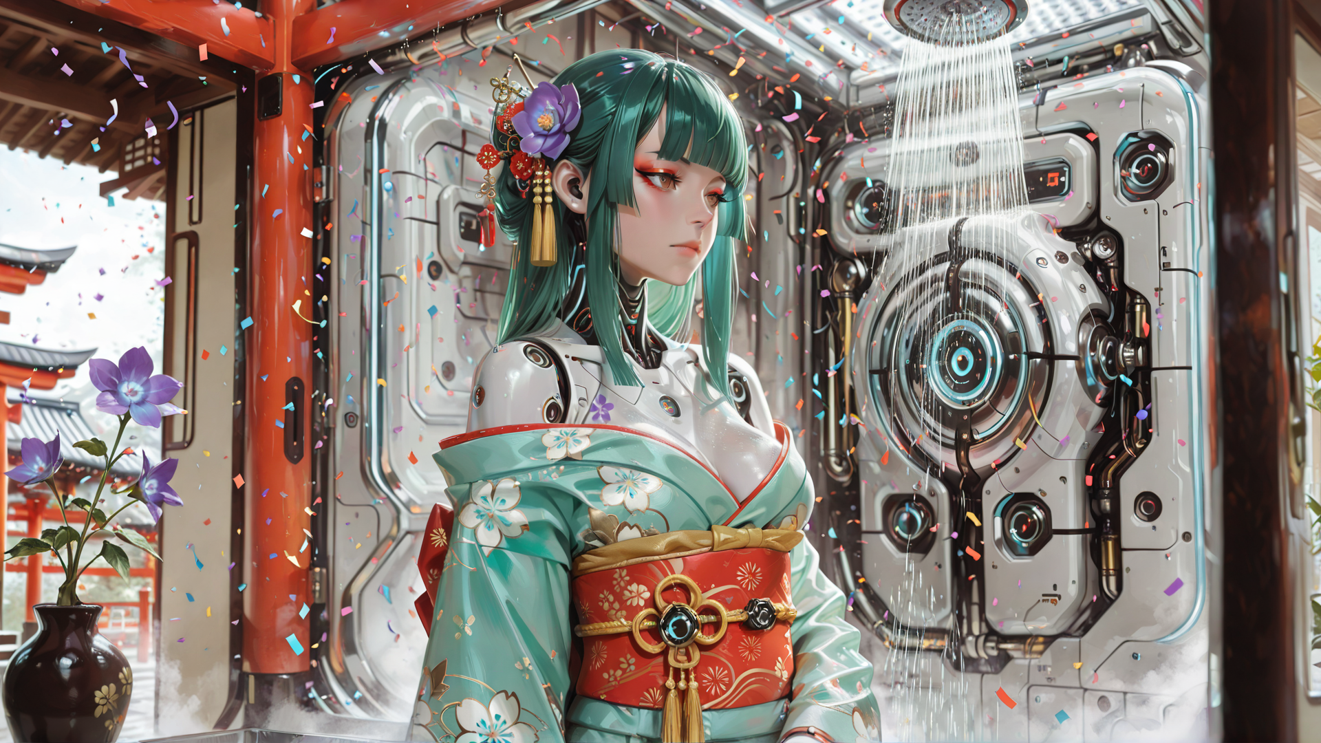 AI generated wallpaper featuring cyborg, woman, confetti, kimono, robot, flower, vase, traditional, futuristic, building