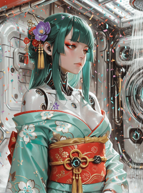 cyborg, woman, confetti, kimono, robot, flower, vase, traditional, futuristic, building